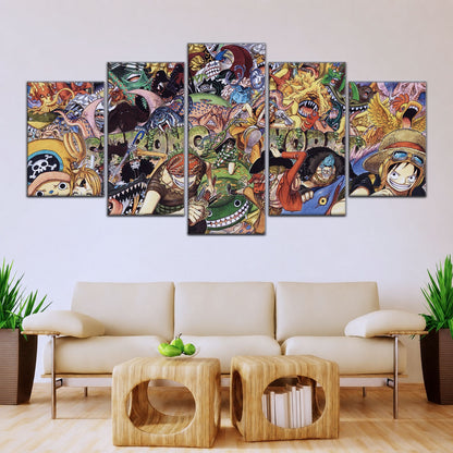One Piece Canvas Wall Art - Strong World Straw Hat Crew 5 Piece Split Panel Anime Poster - Framed Ready to Hang Living Room & Man Cave Decor - OP5072