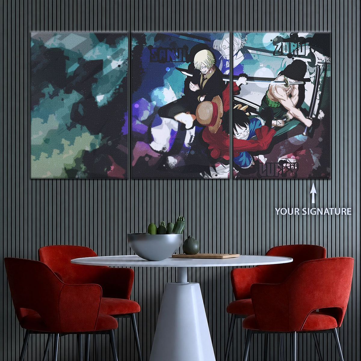 One Piece Canvas Wall Art - Monster Trio Luffy, Zoro & Sanji 5 Piece Split Panel Anime Poster - Framed Ready to Hang Living Room & Man Cave Decor - OP5074