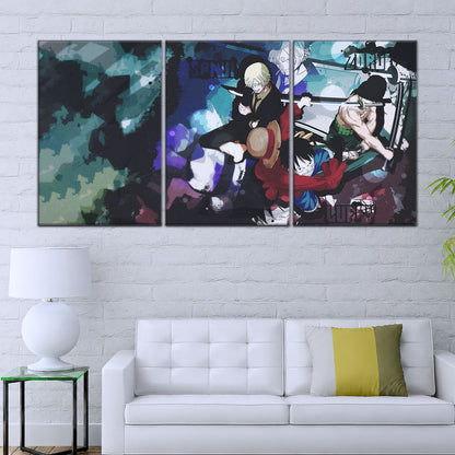 One Piece Canvas Wall Art - Monster Trio Luffy, Zoro & Sanji 5 Piece Split Panel Anime Poster - Framed Ready to Hang Living Room & Man Cave Decor - OP5074
