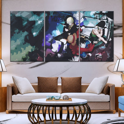 One Piece Canvas Wall Art - Monster Trio Luffy, Zoro & Sanji 5 Piece Split Panel Anime Poster - Framed Ready to Hang Living Room & Man Cave Decor - OP5074