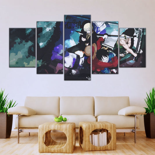 One Piece Canvas Wall Art - Monster Trio Luffy, Zoro & Sanji 5 Piece Split Panel Anime Poster - Framed Ready to Hang Living Room & Man Cave Decor - OP5074