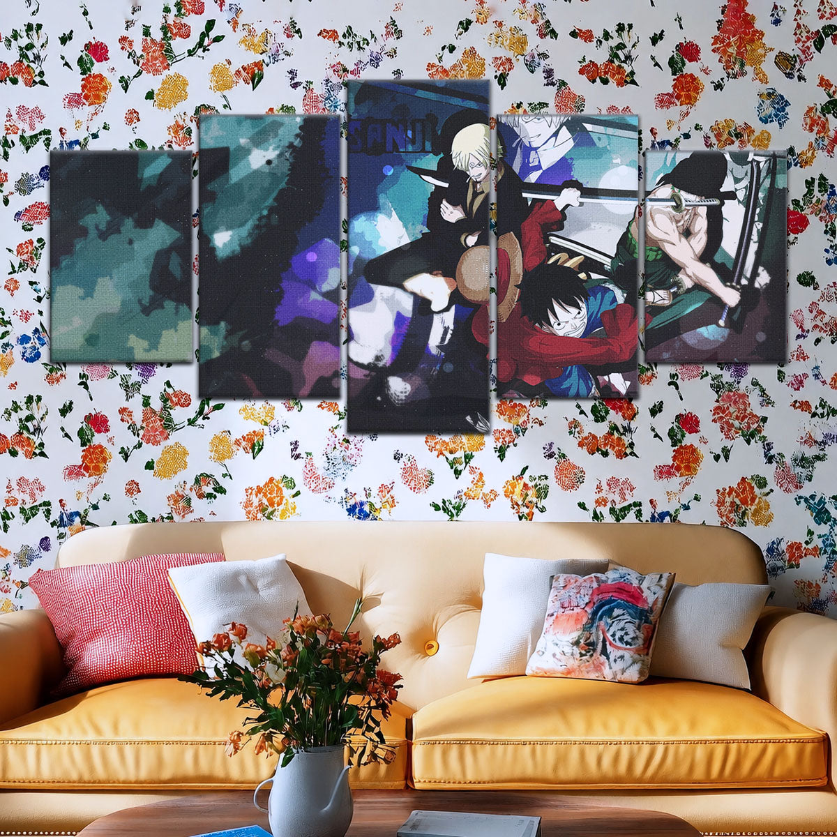 One Piece Canvas Wall Art - Monster Trio Luffy, Zoro & Sanji 5 Piece Split Panel Anime Poster - Framed Ready to Hang Living Room & Man Cave Decor - OP5074