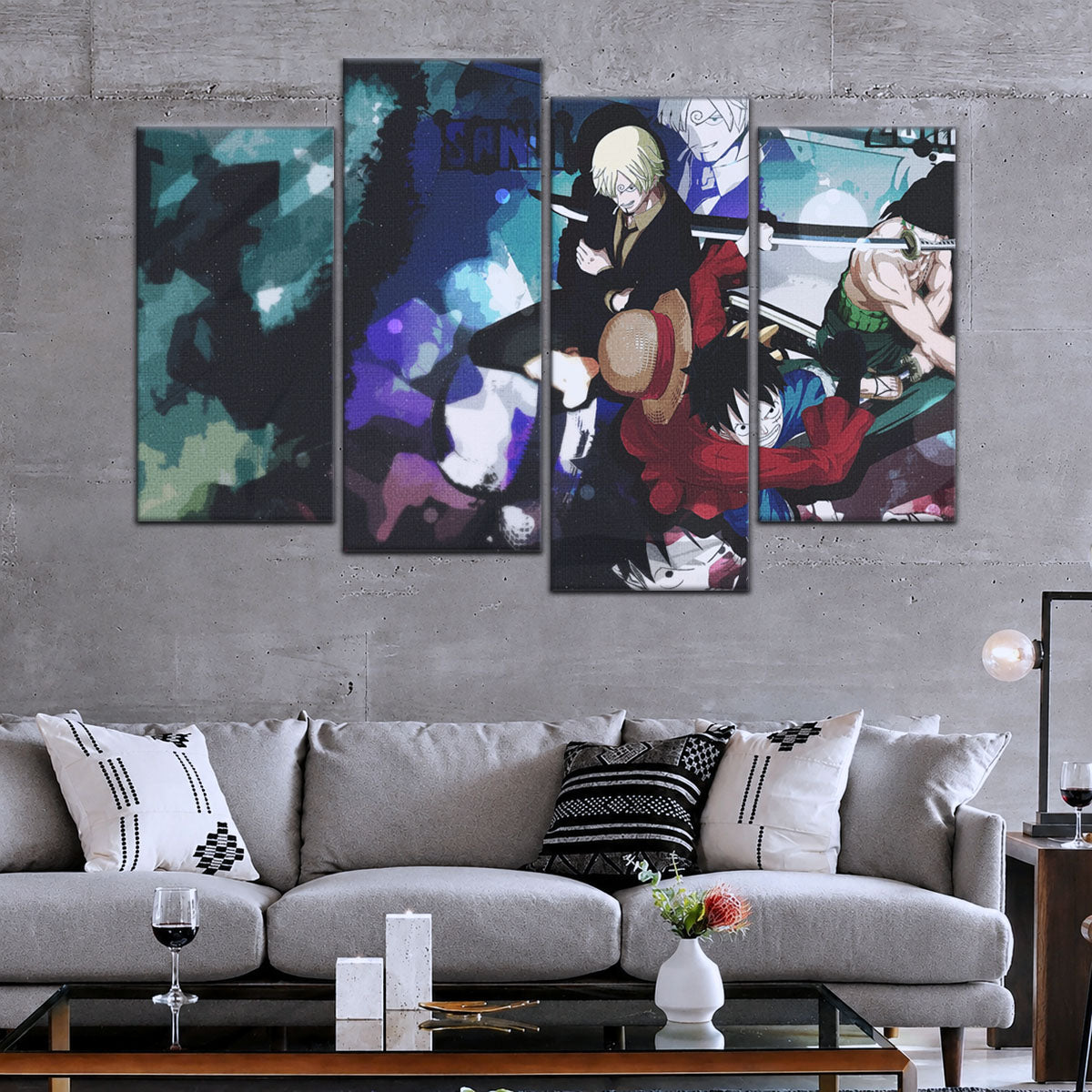 One Piece Canvas Wall Art - Monster Trio Luffy, Zoro & Sanji 5 Piece Split Panel Anime Poster - Framed Ready to Hang Living Room & Man Cave Decor - OP5074