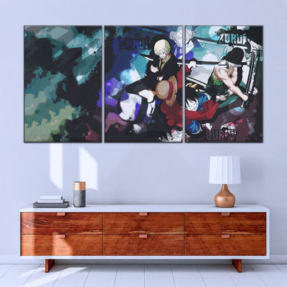 One Piece Canvas Wall Art - Monster Trio Luffy, Zoro & Sanji 5 Piece Split Panel Anime Poster - Framed Ready to Hang Living Room & Man Cave Decor - OP5074