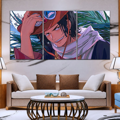 One Piece Canvas Wall Art - Portgas D. Ace Fire Fist 5 Piece Split Panel Anime Poster - Framed Ready to Hang Living Room & Man Cave Decor - OP5075