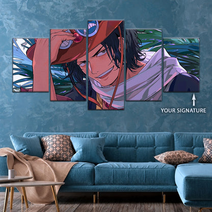 One Piece Canvas Wall Art - Portgas D. Ace Fire Fist 5 Piece Split Panel Anime Poster - Framed Ready to Hang Living Room & Man Cave Decor - OP5075