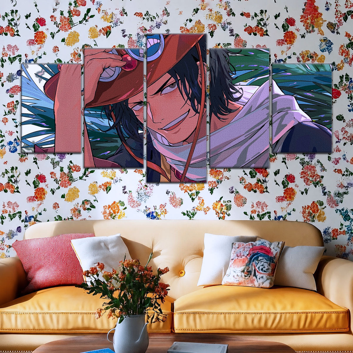 One Piece Canvas Wall Art - Portgas D. Ace Fire Fist 5 Piece Split Panel Anime Poster - Framed Ready to Hang Living Room & Man Cave Decor - OP5075