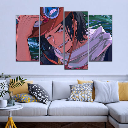 One Piece Canvas Wall Art - Portgas D. Ace Fire Fist 5 Piece Split Panel Anime Poster - Framed Ready to Hang Living Room & Man Cave Decor - OP5075