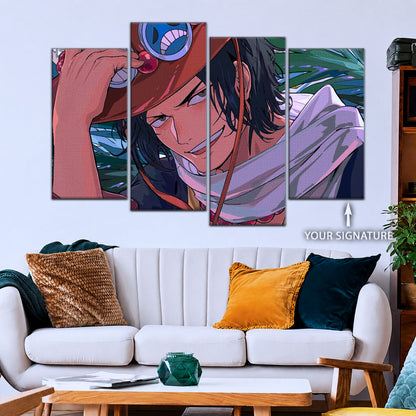 One Piece Canvas Wall Art - Portgas D. Ace Fire Fist 5 Piece Split Panel Anime Poster - Framed Ready to Hang Living Room & Man Cave Decor - OP5075