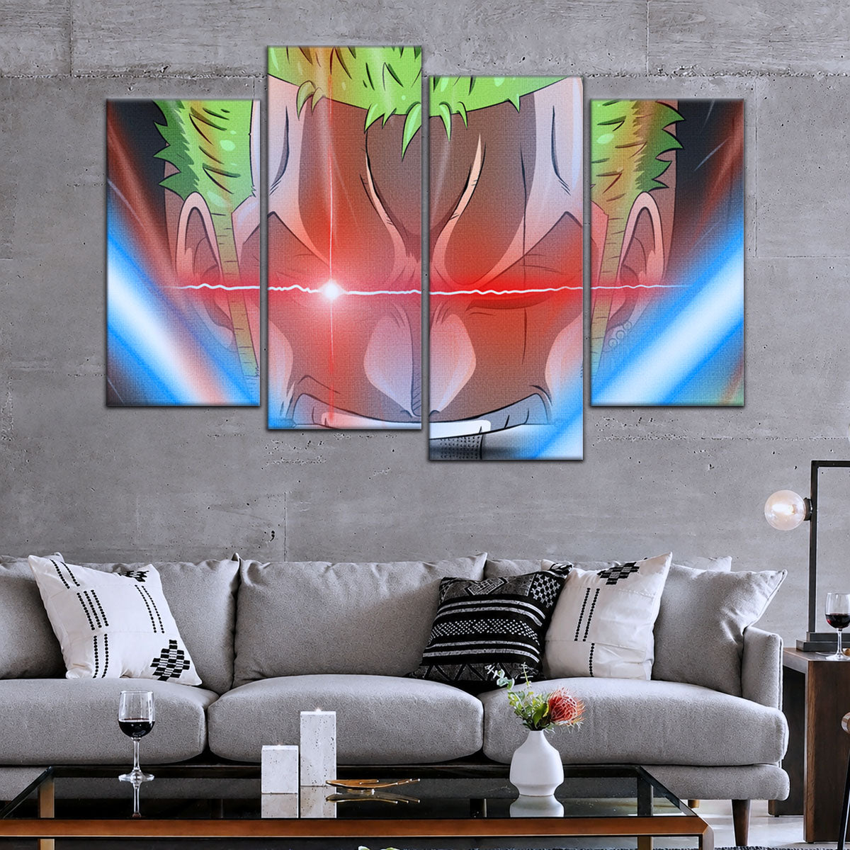 One Piece Canvas Wall Art - Roronoa Zoro Three Sword Style 5 Piece Split Panel Anime Poster - Framed Ready to Hang Living Room & Man Cave Decor - OP5077