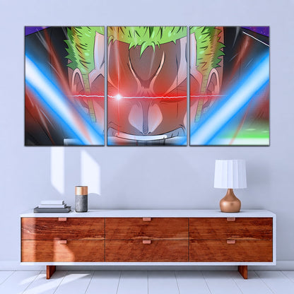 One Piece Canvas Wall Art - Roronoa Zoro Three Sword Style 5 Piece Split Panel Anime Poster - Framed Ready to Hang Living Room & Man Cave Decor - OP5077