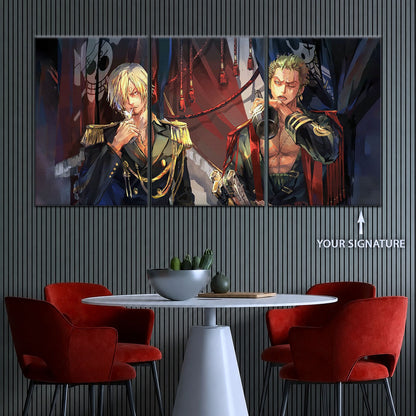 One Piece Canvas Wall Art - Roronoa Zoro Three Sword Style & Sanji 5 Piece Split Panel Anime Poster - Framed Ready to Hang Living Room & Man Cave Decor - OP5078