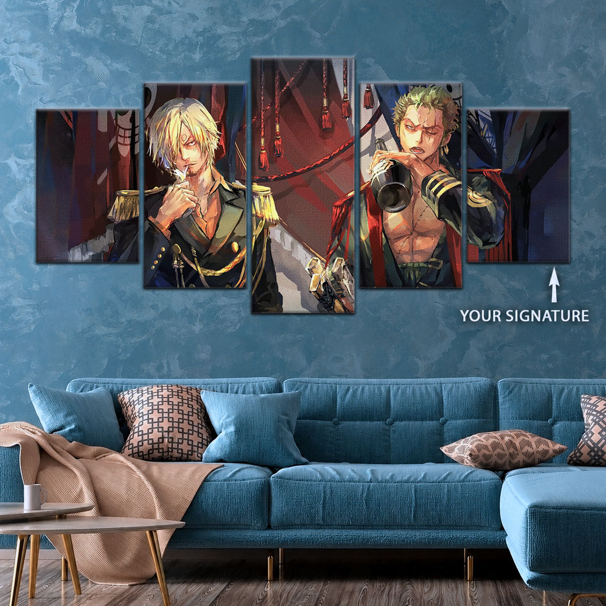One Piece Canvas Wall Art - Roronoa Zoro Three Sword Style & Sanji 5 Piece Split Panel Anime Poster - Framed Ready to Hang Living Room & Man Cave Decor - OP5078