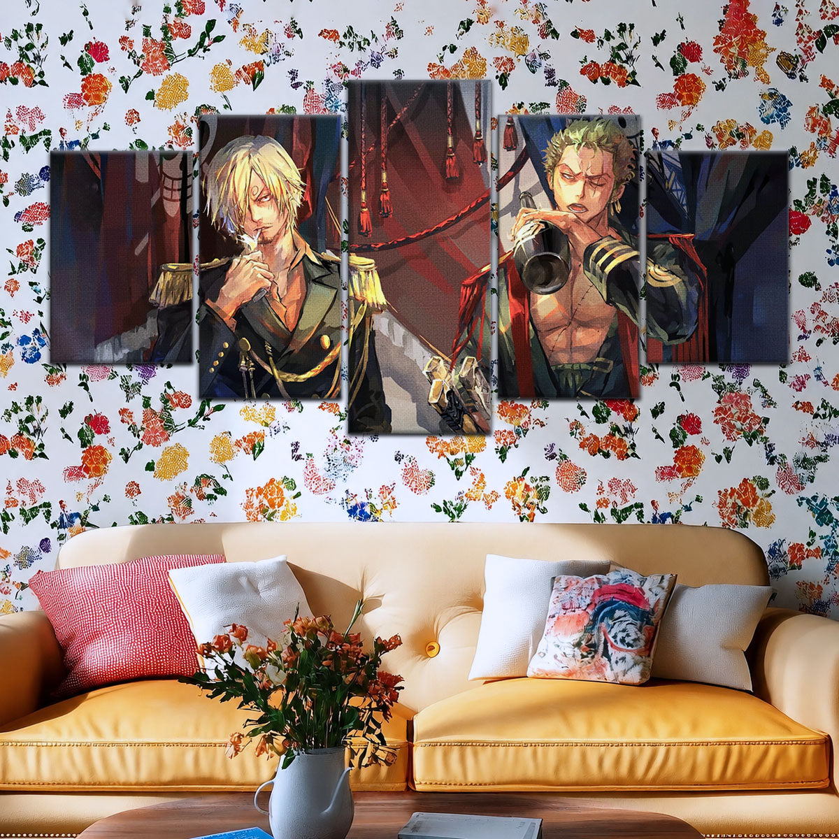 One Piece Canvas Wall Art - Roronoa Zoro Three Sword Style & Sanji 5 Piece Split Panel Anime Poster - Framed Ready to Hang Living Room & Man Cave Decor - OP5078