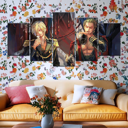 One Piece Canvas Wall Art - Roronoa Zoro Three Sword Style & Sanji 5 Piece Split Panel Anime Poster - Framed Ready to Hang Living Room & Man Cave Decor - OP5078