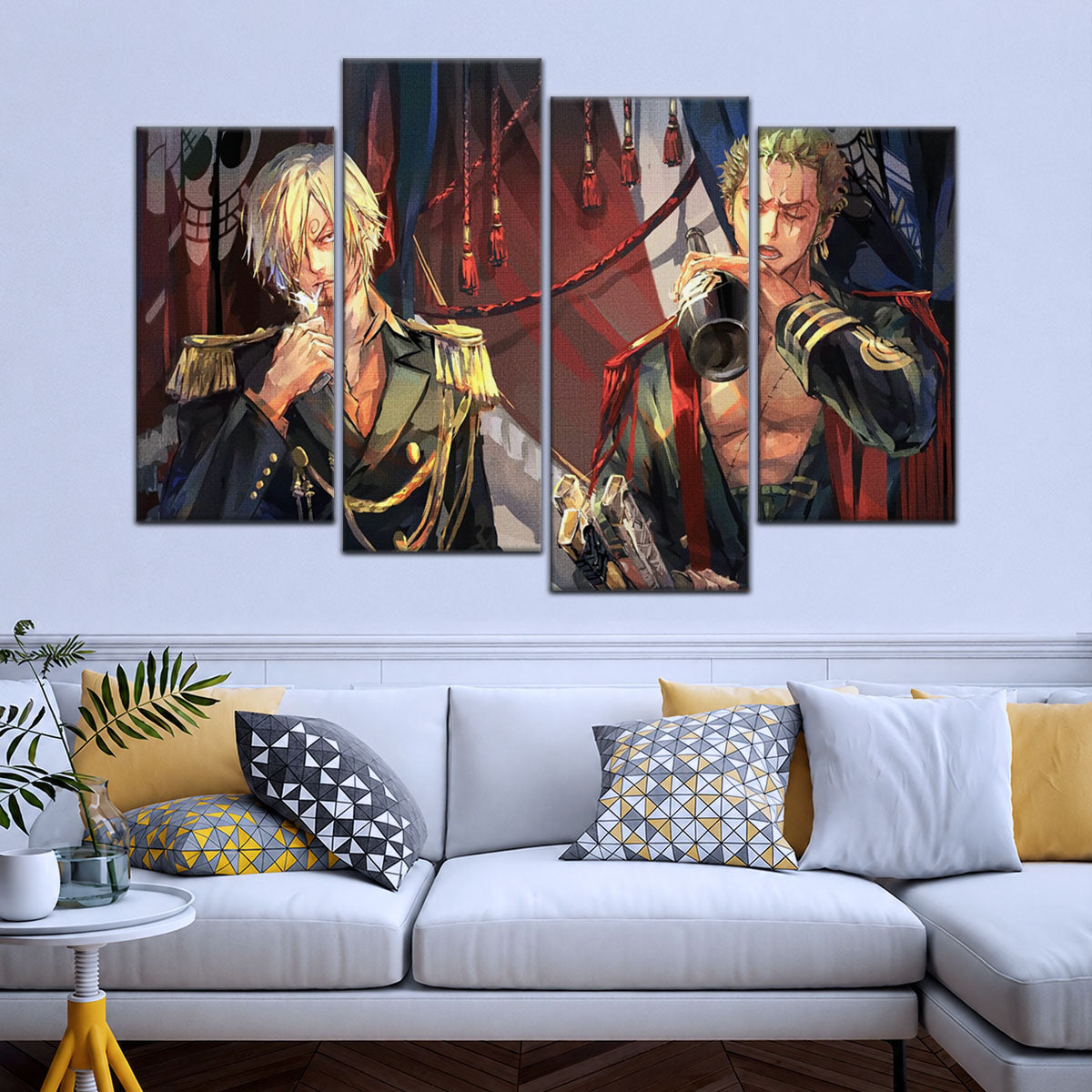 One Piece Canvas Wall Art - Roronoa Zoro Three Sword Style & Sanji 5 Piece Split Panel Anime Poster - Framed Ready to Hang Living Room & Man Cave Decor - OP5078