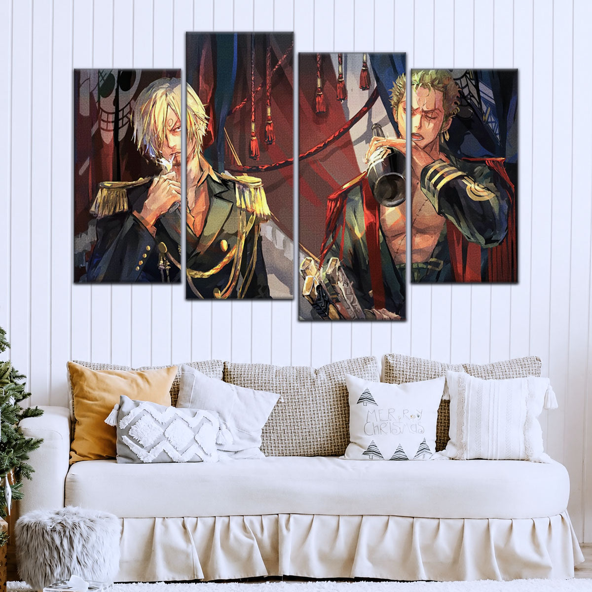 One Piece Canvas Wall Art - Roronoa Zoro Three Sword Style & Sanji 5 Piece Split Panel Anime Poster - Framed Ready to Hang Living Room & Man Cave Decor - OP5078