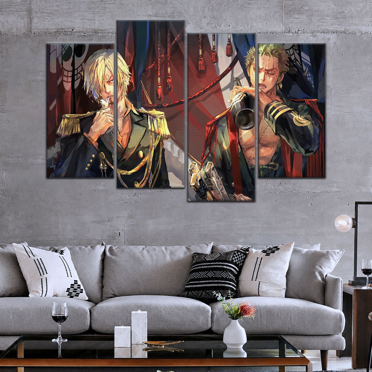 One Piece Canvas Wall Art - Roronoa Zoro Three Sword Style & Sanji 5 Piece Split Panel Anime Poster - Framed Ready to Hang Living Room & Man Cave Decor - OP5078