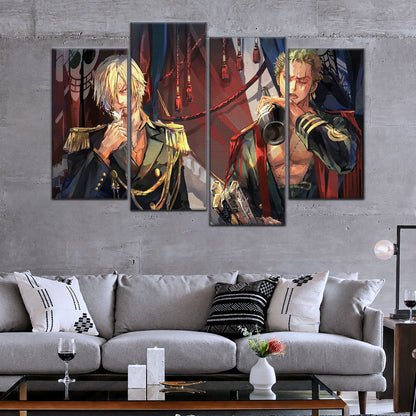 One Piece Canvas Wall Art - Roronoa Zoro Three Sword Style & Sanji 5 Piece Split Panel Anime Poster - Framed Ready to Hang Living Room & Man Cave Decor - OP5078