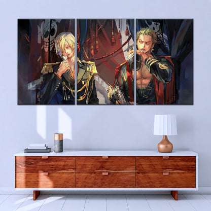 One Piece Canvas Wall Art - Roronoa Zoro Three Sword Style & Sanji 5 Piece Split Panel Anime Poster - Framed Ready to Hang Living Room & Man Cave Decor - OP5078
