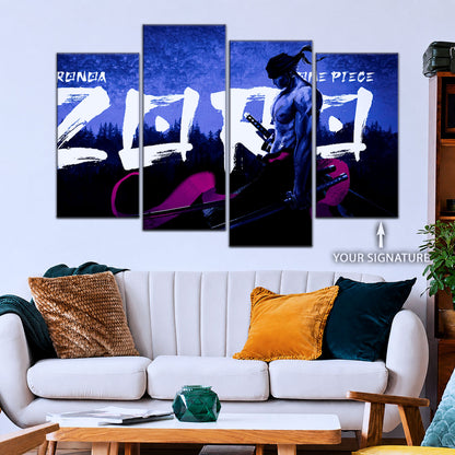 One Piece Canvas Wall Art - Roronoa Zoro Three Sword Style 5 Piece Split Panel Anime Poster - Framed Ready to Hang Living Room & Man Cave Decor - OP5079