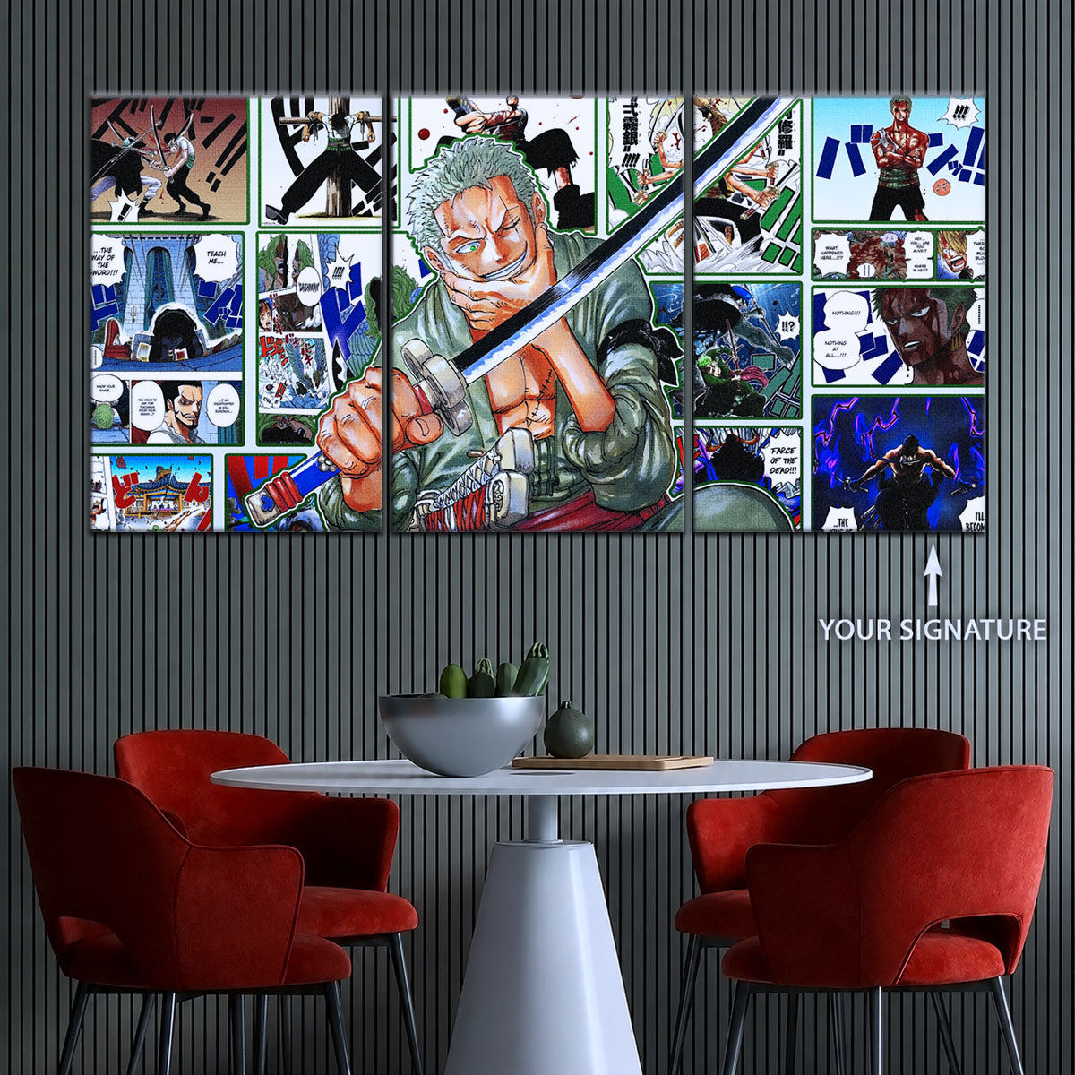 One Piece Canvas Wall Art - Roronoa Zoro Three Sword Style 5 Piece Split Panel Anime Poster - Framed Ready to Hang Living Room & Man Cave Decor - OP5080