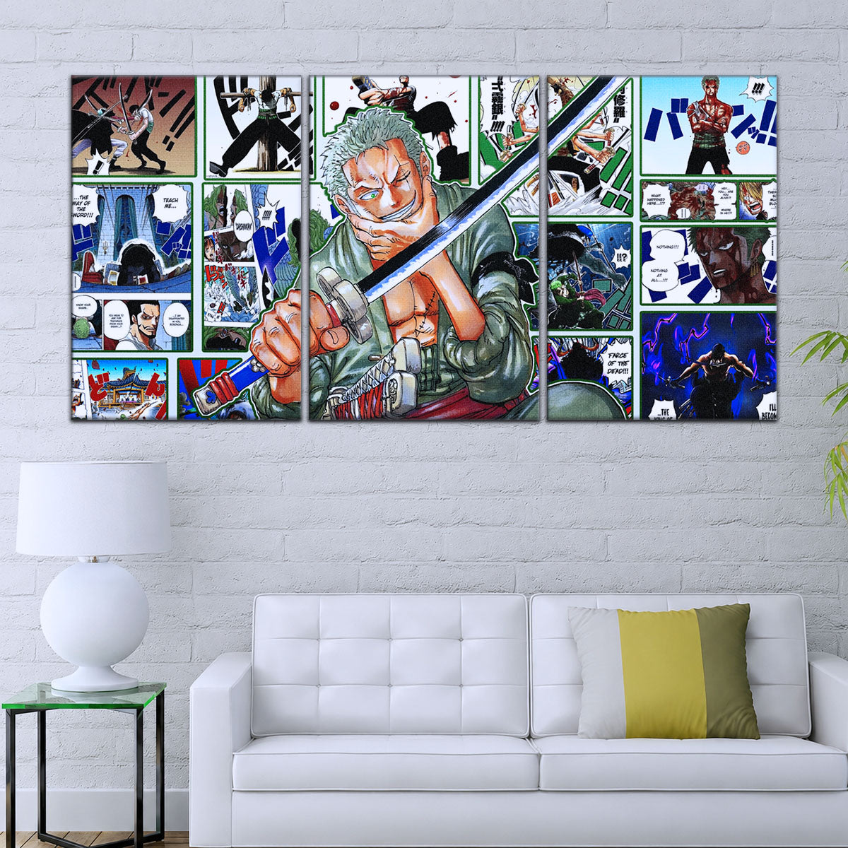 One Piece Canvas Wall Art - Roronoa Zoro Three Sword Style 5 Piece Split Panel Anime Poster - Framed Ready to Hang Living Room & Man Cave Decor - OP5080