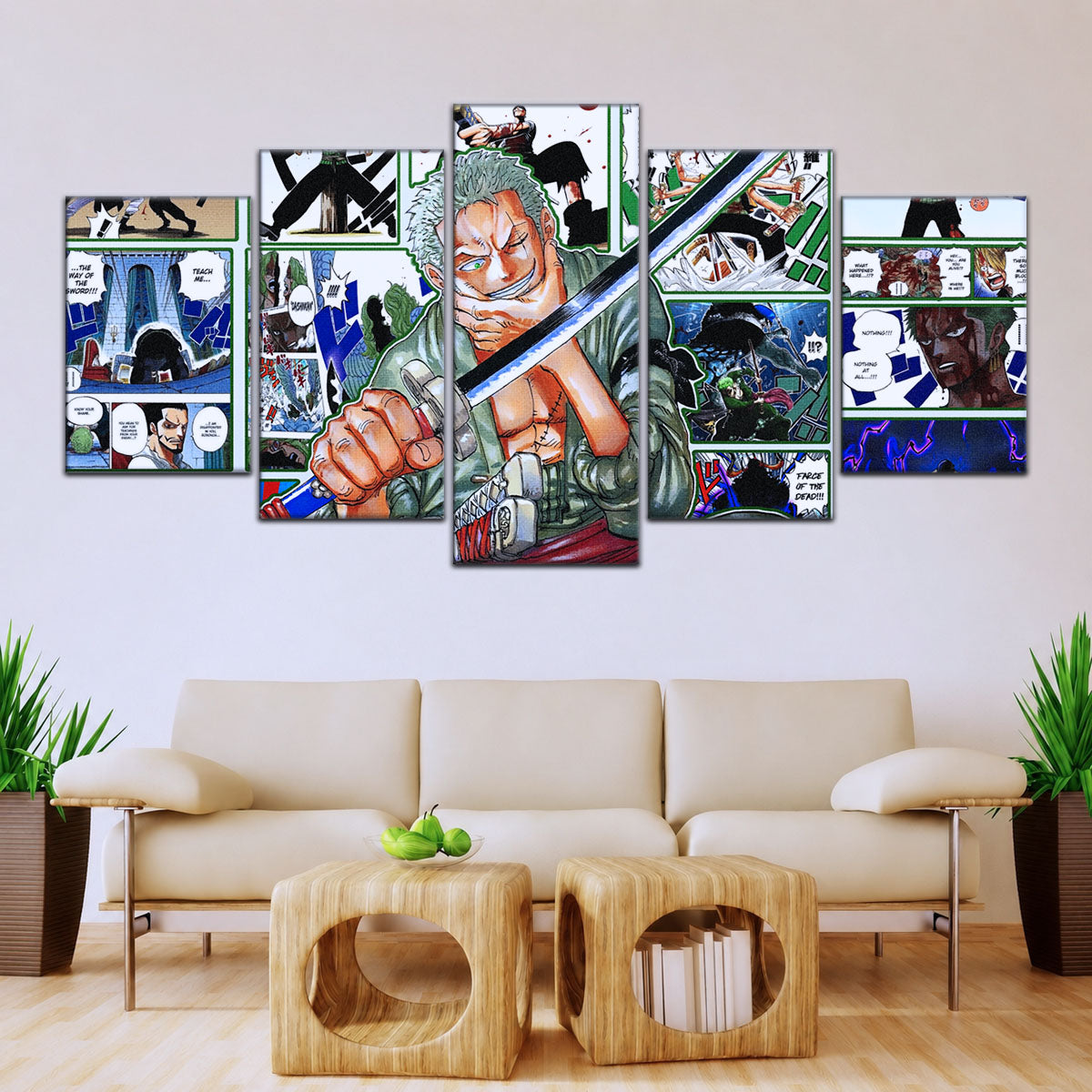 One Piece Canvas Wall Art - Roronoa Zoro Three Sword Style 5 Piece Split Panel Anime Poster - Framed Ready to Hang Living Room & Man Cave Decor - OP5080