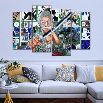 One Piece Canvas Wall Art - Roronoa Zoro Three Sword Style 5 Piece Split Panel Anime Poster - Framed Ready to Hang Living Room & Man Cave Decor - OP5080