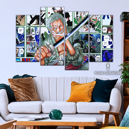 One Piece Canvas Wall Art - Roronoa Zoro Three Sword Style 5 Piece Split Panel Anime Poster - Framed Ready to Hang Living Room & Man Cave Decor - OP5080