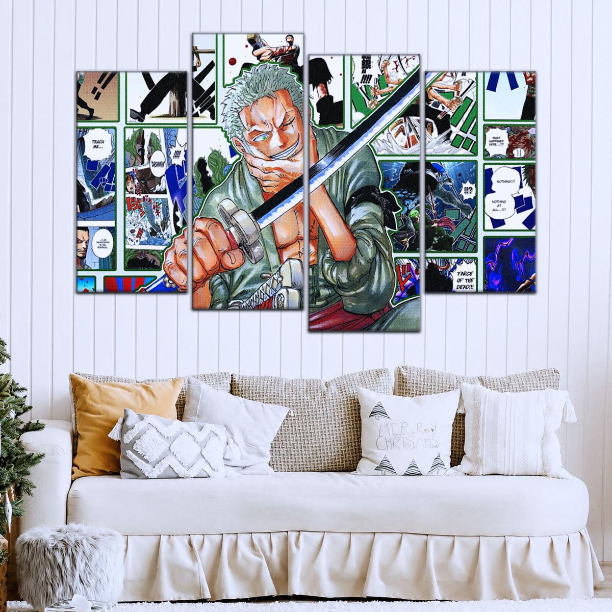 One Piece Canvas Wall Art - Roronoa Zoro Three Sword Style 5 Piece Split Panel Anime Poster - Framed Ready to Hang Living Room & Man Cave Decor - OP5080