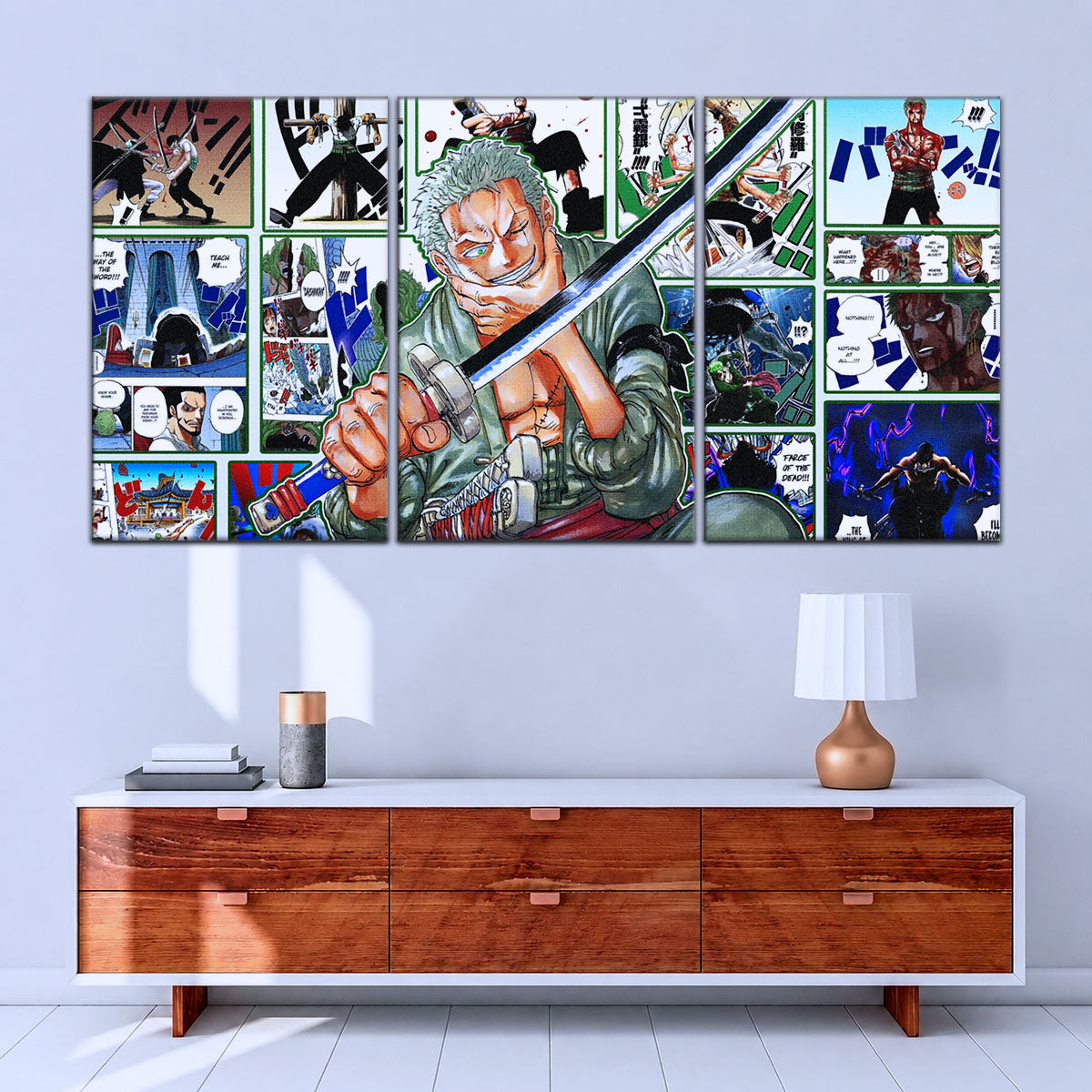 One Piece Canvas Wall Art - Roronoa Zoro Three Sword Style 5 Piece Split Panel Anime Poster - Framed Ready to Hang Living Room & Man Cave Decor - OP5080