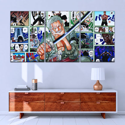 One Piece Canvas Wall Art - Roronoa Zoro Three Sword Style 5 Piece Split Panel Anime Poster - Framed Ready to Hang Living Room & Man Cave Decor - OP5080