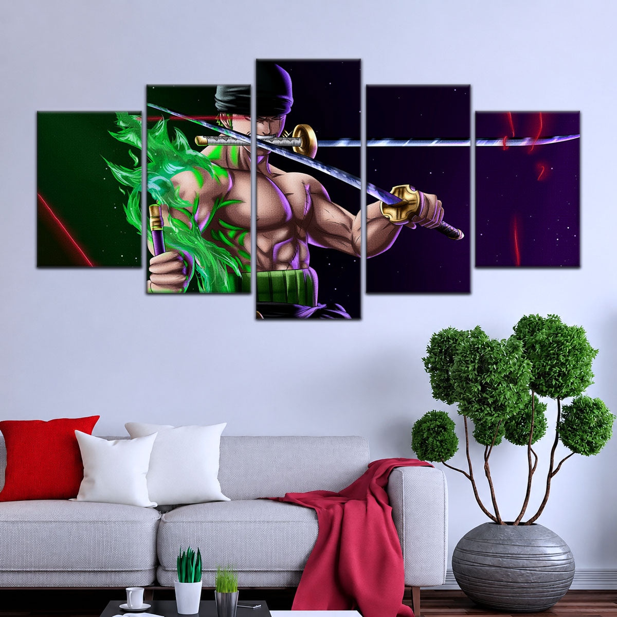 One Piece Canvas Wall Art - Roronoa Zoro Three Sword Style 5 Piece Split Panel Anime Poster - Framed Ready to Hang Living Room & Man Cave Decor - OP5081