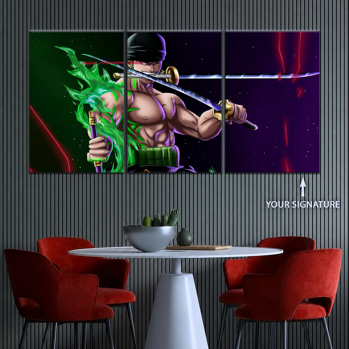 One Piece Canvas Wall Art - Roronoa Zoro Three Sword Style 5 Piece Split Panel Anime Poster - Framed Ready to Hang Living Room & Man Cave Decor - OP5081