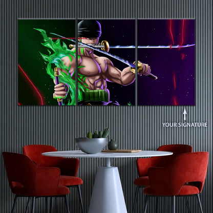 One Piece Canvas Wall Art - Roronoa Zoro Three Sword Style 5 Piece Split Panel Anime Poster - Framed Ready to Hang Living Room & Man Cave Decor - OP5081