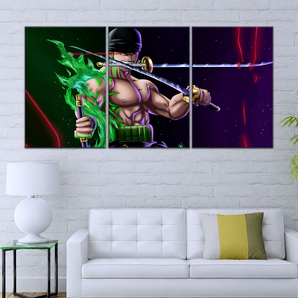 One Piece Canvas Wall Art - Roronoa Zoro Three Sword Style 5 Piece Split Panel Anime Poster - Framed Ready to Hang Living Room & Man Cave Decor - OP5081