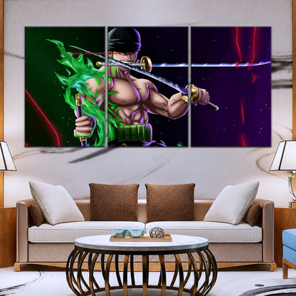 One Piece Canvas Wall Art - Roronoa Zoro Three Sword Style 5 Piece Split Panel Anime Poster - Framed Ready to Hang Living Room & Man Cave Decor - OP5081