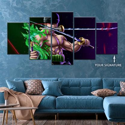 One Piece Canvas Wall Art - Roronoa Zoro Three Sword Style 5 Piece Split Panel Anime Poster - Framed Ready to Hang Living Room & Man Cave Decor - OP5081