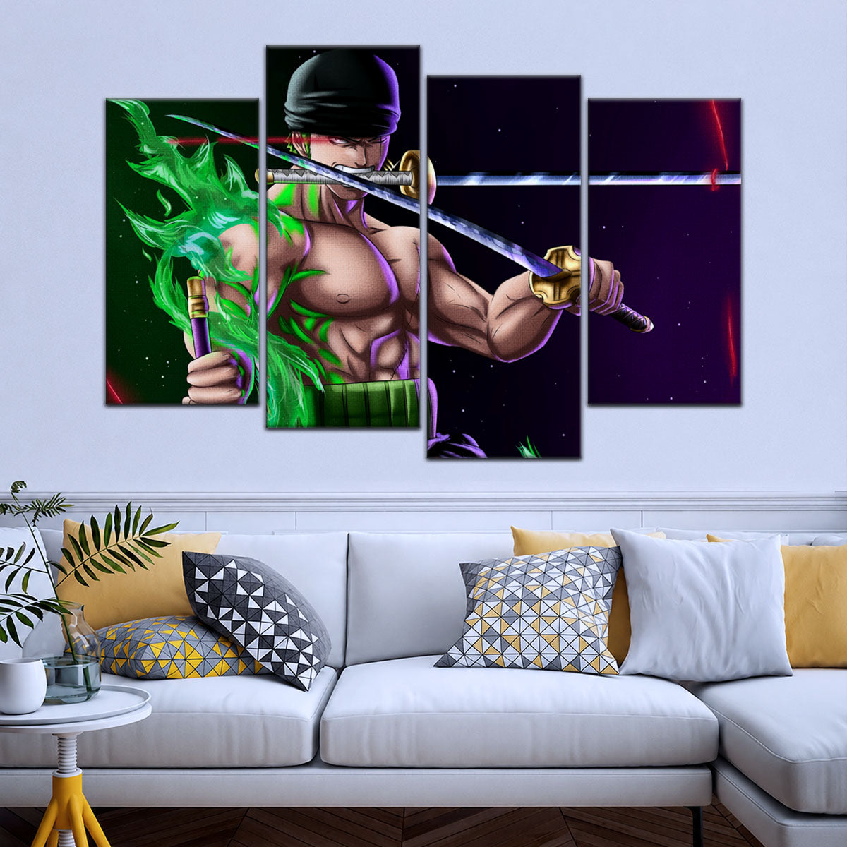 One Piece Canvas Wall Art - Roronoa Zoro Three Sword Style 5 Piece Split Panel Anime Poster - Framed Ready to Hang Living Room & Man Cave Decor - OP5081