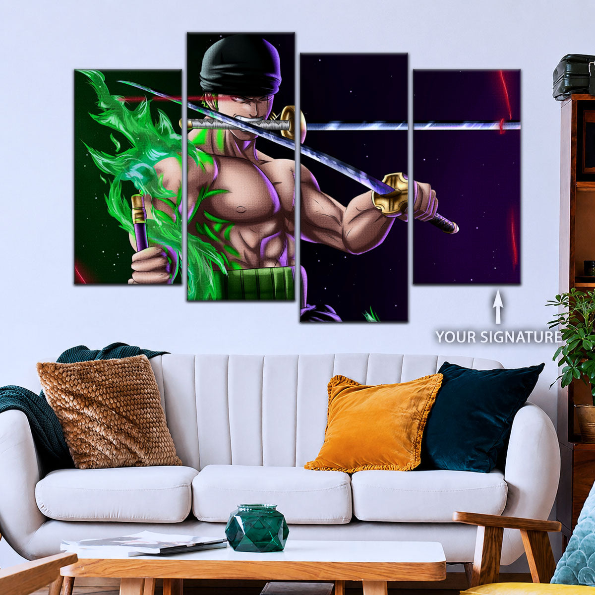 One Piece Canvas Wall Art - Roronoa Zoro Three Sword Style 5 Piece Split Panel Anime Poster - Framed Ready to Hang Living Room & Man Cave Decor - OP5081