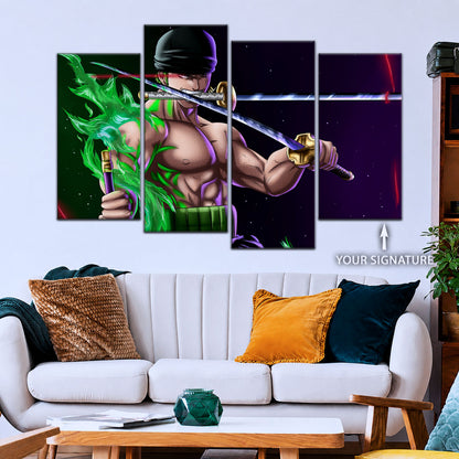 One Piece Canvas Wall Art - Roronoa Zoro Three Sword Style 5 Piece Split Panel Anime Poster - Framed Ready to Hang Living Room & Man Cave Decor - OP5081