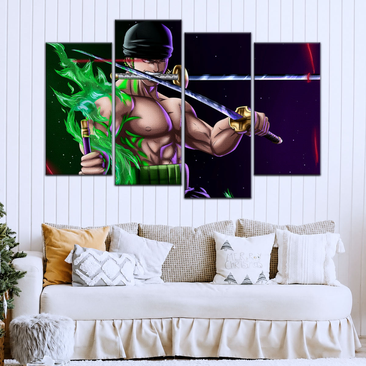One Piece Canvas Wall Art - Roronoa Zoro Three Sword Style 5 Piece Split Panel Anime Poster - Framed Ready to Hang Living Room & Man Cave Decor - OP5081