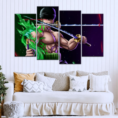 One Piece Canvas Wall Art - Roronoa Zoro Three Sword Style 5 Piece Split Panel Anime Poster - Framed Ready to Hang Living Room & Man Cave Decor - OP5081