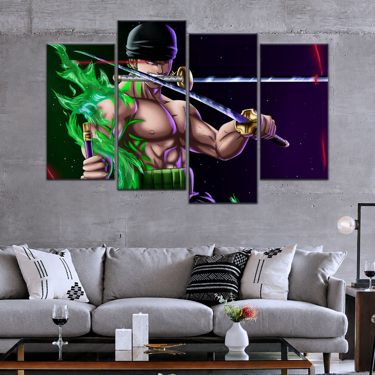 One Piece Canvas Wall Art - Roronoa Zoro Three Sword Style 5 Piece Split Panel Anime Poster - Framed Ready to Hang Living Room & Man Cave Decor - OP5081