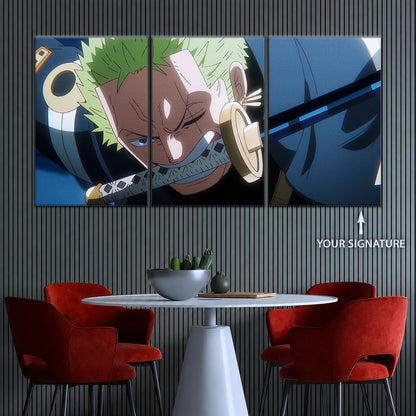 One Piece Canvas Wall Art - Roronoa Zoro Three Sword Style 5 Piece Split Panel Anime Poster - Framed Ready to Hang Living Room, Man Cave Decor - OP5082