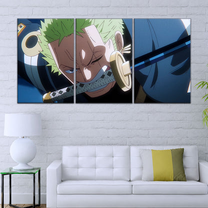 One Piece Canvas Wall Art - Roronoa Zoro Three Sword Style 5 Piece Split Panel Anime Poster - Framed Ready to Hang Living Room, Man Cave Decor - OP5082