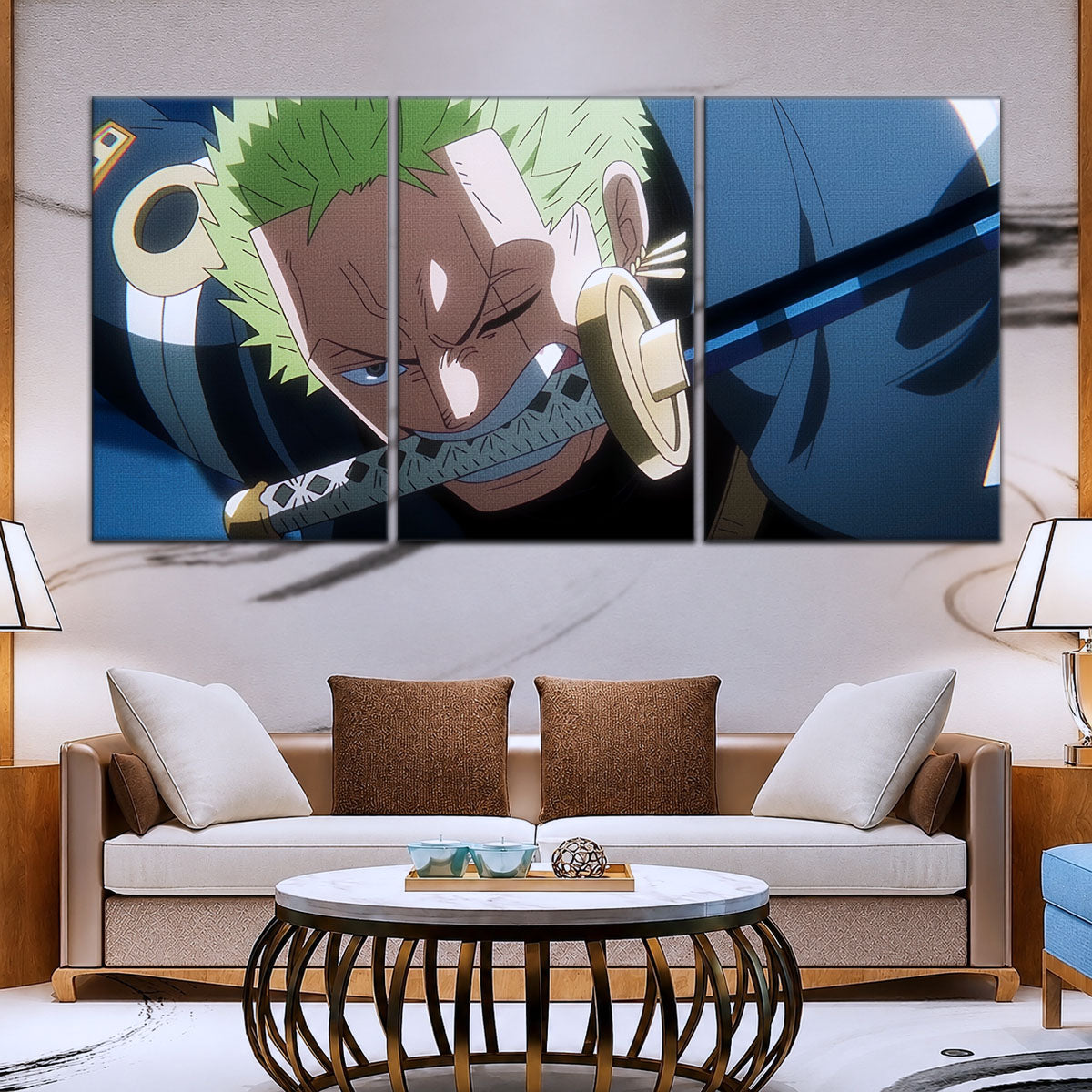 One Piece Canvas Wall Art - Roronoa Zoro Three Sword Style 5 Piece Split Panel Anime Poster - Framed Ready to Hang Living Room, Man Cave Decor - OP5082