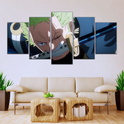 One Piece Canvas Wall Art - Roronoa Zoro Three Sword Style 5 Piece Split Panel Anime Poster - Framed Ready to Hang Living Room, Man Cave Decor - OP5082