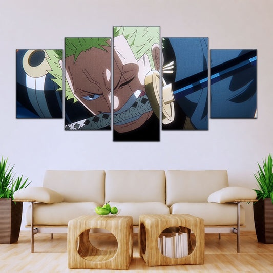 One Piece Canvas Wall Art - Roronoa Zoro Three Sword Style 5 Piece Split Panel Anime Poster - Framed Ready to Hang Living Room, Man Cave Decor - OP5082
